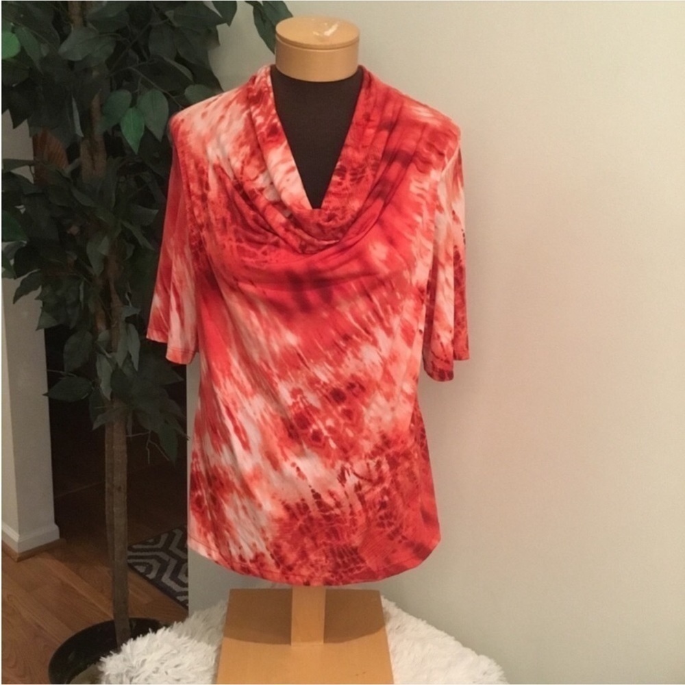 Susan Graver elbow sleeve cowel neck 
top Womans size small red tie dye